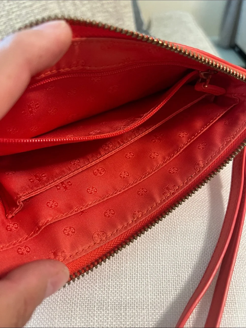 Tory Burch Red Pebbled Leather Wristlet with Gold Logo